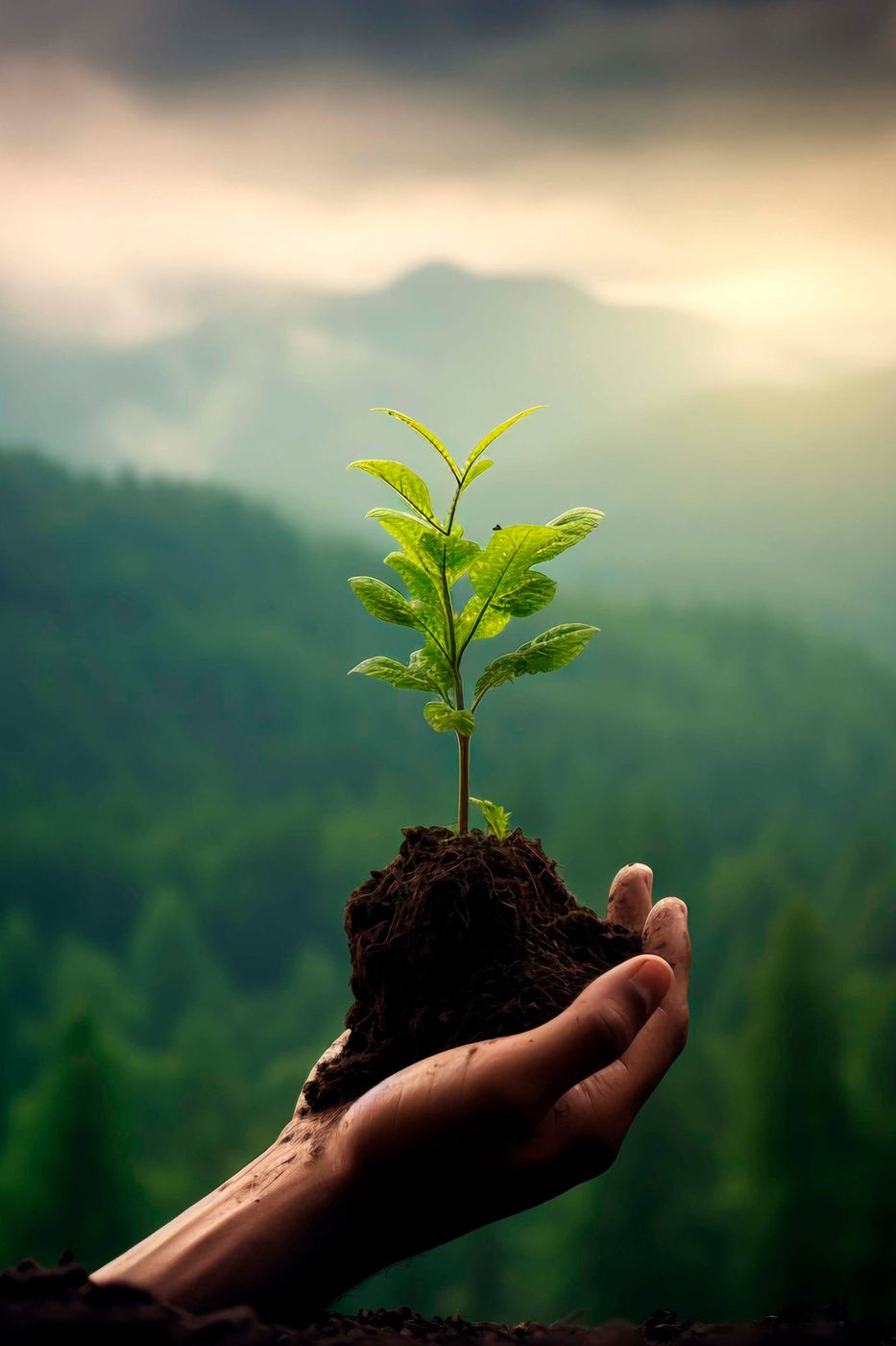 Sustainable travel concept — hands cradling a young plant with a forest backdrop